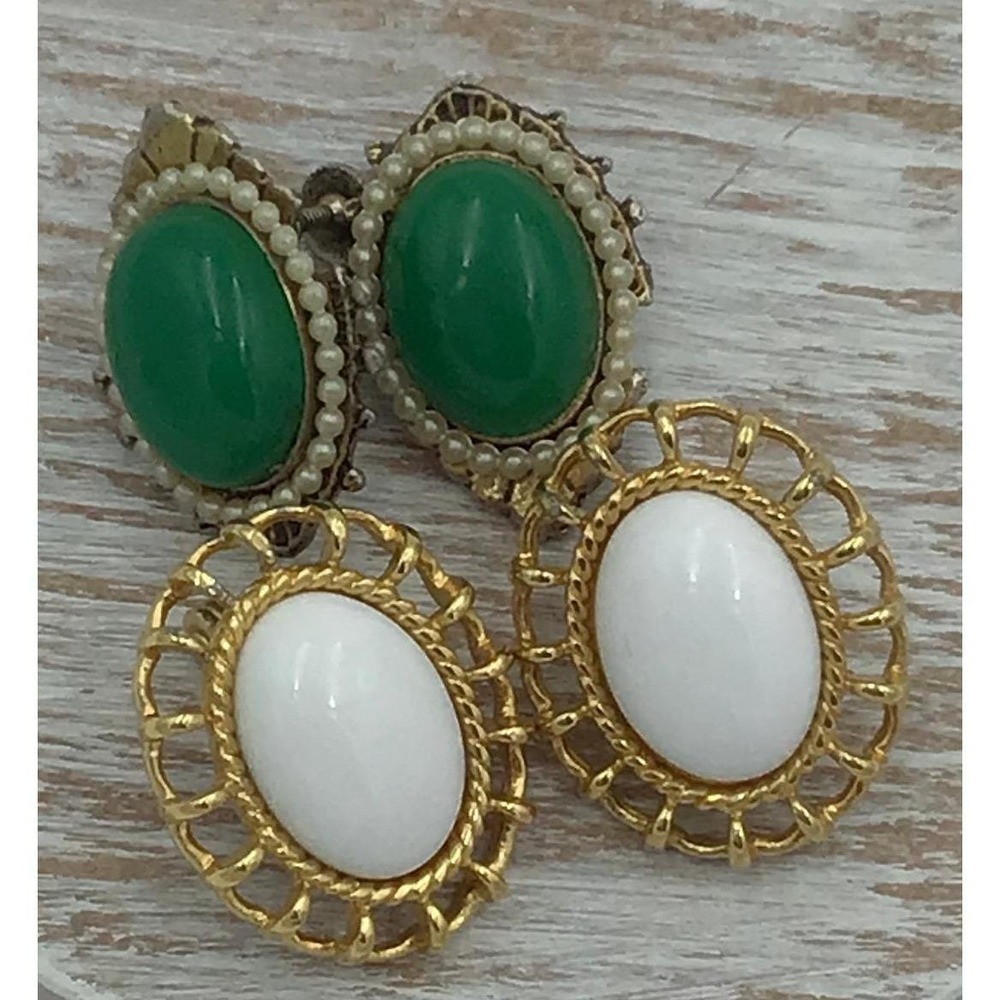 VTG White Cabochon Gold Tone & Green‎ Faux Pearl 2 Pairs Victorian Revival MCM